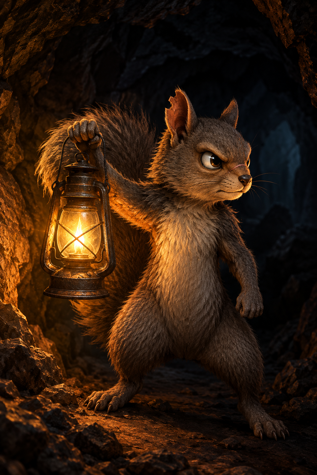 A worn iron-gray squirrel holding a railroad lantern